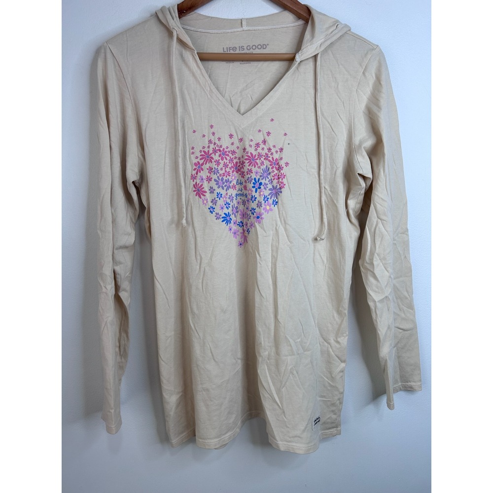Life is Good Crusher-Lite Hoodie Womens M Cream Floral Heart Long Sleeve V-Neck